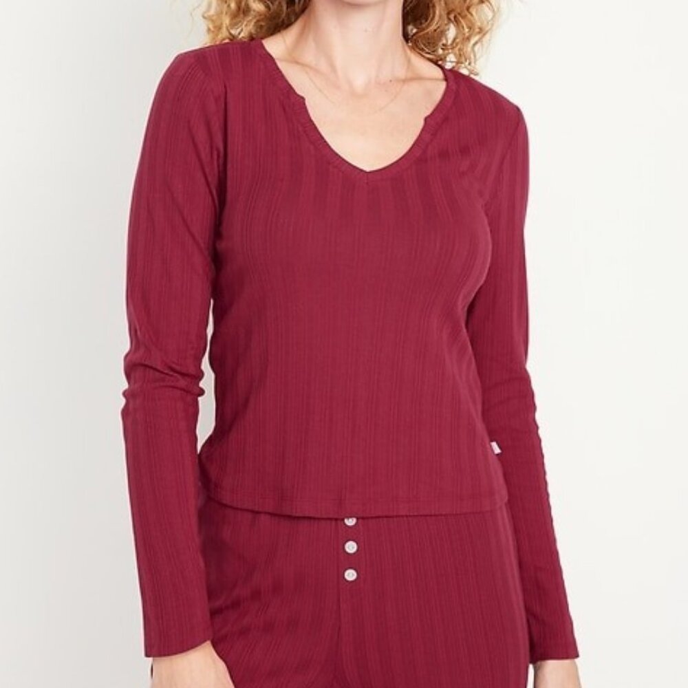 Old Navy Pointelle Knit Pajama Top V-Neck Long Sleeve Maroon Size Large NEW
